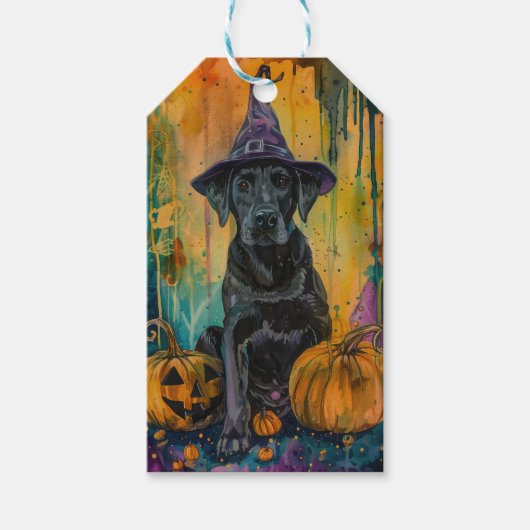 Spooky Labrador Hund Halloween Hexe und Pumpkin Geschenkanhänger (Vorderseite)