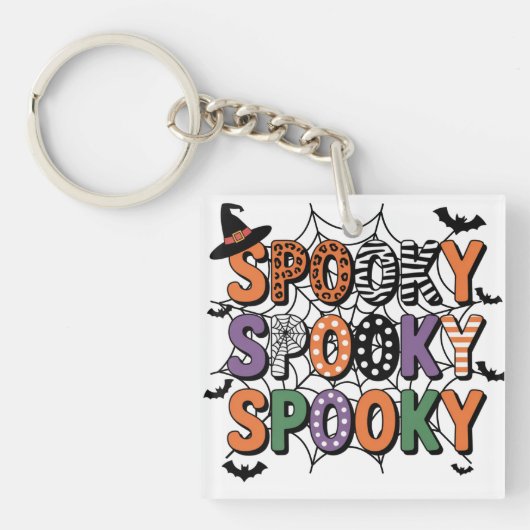Spooky Lettering Hexenhut und Fledermäuse Hallowee Schlüsselanhänger (Vorderseite)