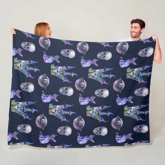 Spooky Lila Cat & Spuk House Halloween Fleecedecke (Beispiel)