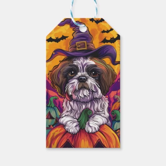Spooky Malti Tzu Hund Halloween Hexe und Pumpkin Geschenkanhänger (Vorderseite)
