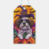 Spooky Malti Tzu Hund Halloween Hexe und Pumpkin Geschenkanhänger (Rückseite)
