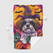 Spooky Malti Tzu Hund Halloween Hexe und Pumpkin Golfhandtuch (Insitu)