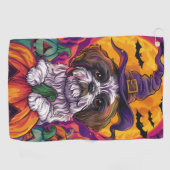 Spooky Malti Tzu Hund Halloween Hexe und Pumpkin Golfhandtuch (Horizontal)
