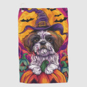 Spooky Malti Tzu Hund Halloween Hexe und Pumpkin Golfhandtuch (Vorderseite)