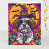 Spooky Malti Tzu Hund Halloween Hexe und Pumpkin Karte (Gelbe Blume)