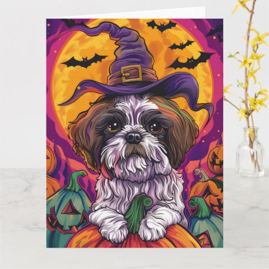Spooky Malti Tzu Hund Halloween Hexe und Pumpkin Karte (Gelbe Blume)