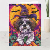 Spooky Malti Tzu Hund Halloween Hexe und Pumpkin Karte (Vorderseite)