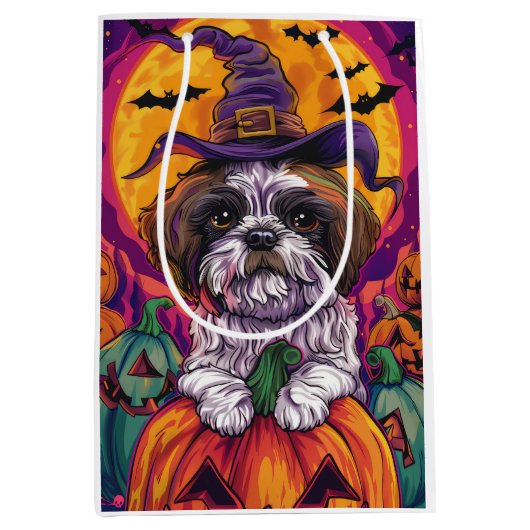 Spooky Malti Tzu Hund Halloween Hexe und Pumpkin Mittlere Geschenktüte (Vorderseite)