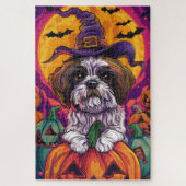 Spooky Malti Tzu Hund Halloween Hexe und Pumpkin Puzzle (Vertikal)