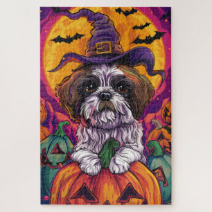 Spooky Malti Tzu Hund Halloween Hexe und Pumpkin Puzzle