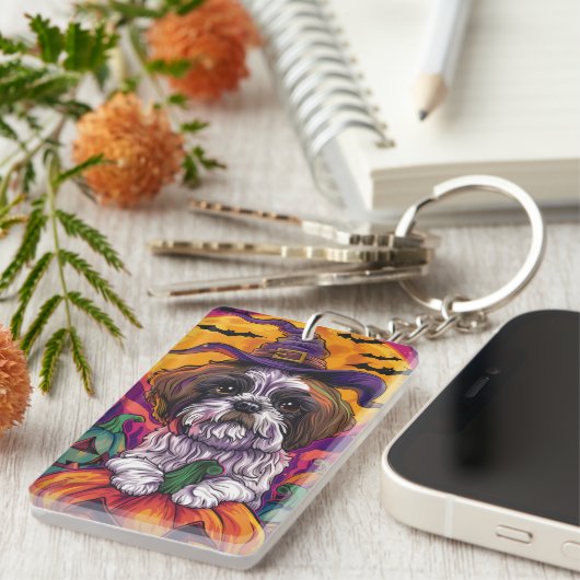 Spooky Malti Tzu Hund Halloween Hexe und Pumpkin Schlüsselanhänger (Vorderseite rechts)