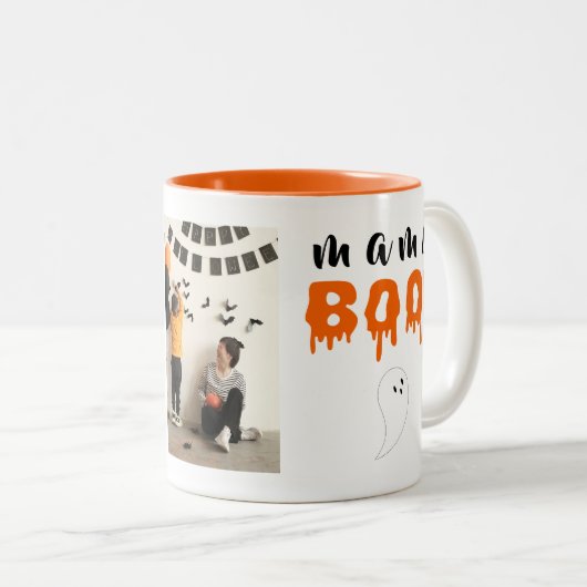 Spooky Mama Boo Orange Halloween Foto Zweifarbige Tasse (VorderseiteRechts)