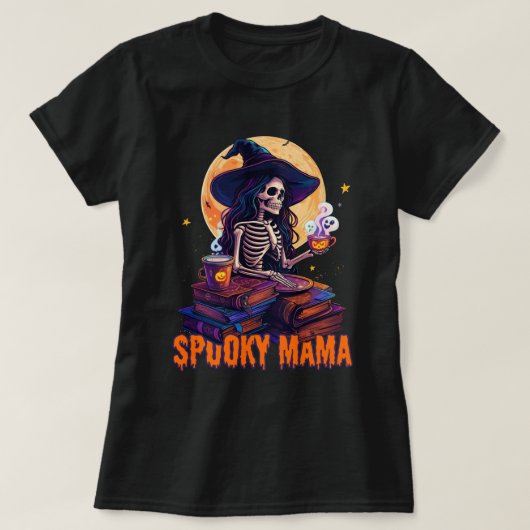 Spooky Mama Skeleton Reading Bookween T-Shirt (Design vorne)