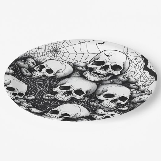 Spooky menschliche Schädel Spinnweben KobwebFleder Pappteller (Schrägansicht)