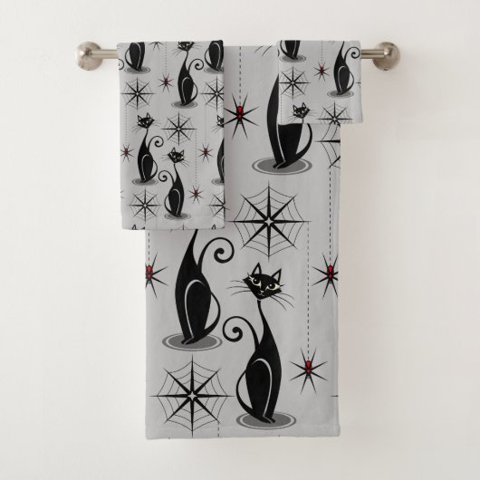 Spooky Meow Retro Atomkatzen auf hellgrau Badhandtuch Set (Insitu)