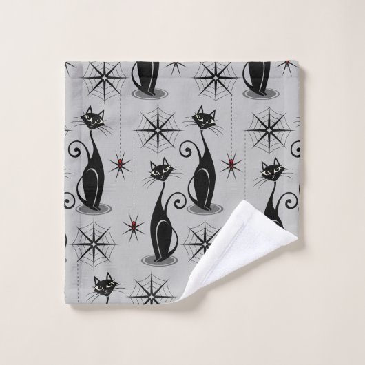 Spooky Meow Retro Atomkatzen auf hellgrau Badhandtuch Set (Waschlappen)
