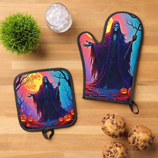 Spooky Moon Death's Call Design Ofenhandschuh & Topflappen-Set (Oben Unten)