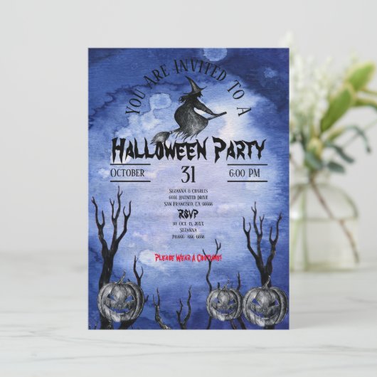 Spooky Moon Witch Pumpkins Friedhof Einladung (Stehend Vorderseite)