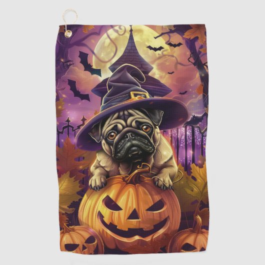 Spooky Mops Halloween Hexe und Kürbis Golfhandtuch (Vorderseite)