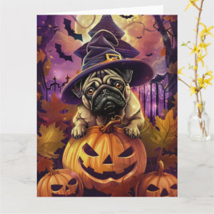 Spooky Mops Halloween Hexe und Kürbis Karte