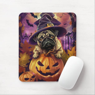 Spooky Mops Halloween Hexe und Kürbis Mousepad