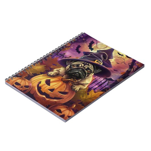 Spooky Mops Halloween Hexe und Kürbis Notizblock (Linke Seite)