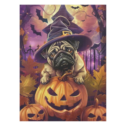 Spooky Mops Halloween Hexe und Kürbis Tischdecke (Vorderseite)