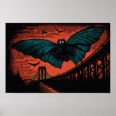 Spooky Mothman und Bridge Woodcut Art Print Poster (Vorne)