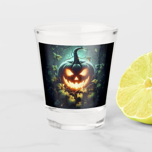 Spooky Natur glühend Halloween Kürbis Schnapsglas (Vorderseite)