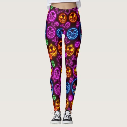 Spooky Neon Jack-o'' Lantern Halloween Blue Skulls Leggings (Vorderseite)
