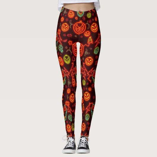 Spooky Neon Jack-o' Lantern Halloween Night Scene Leggings (Vorderseite)