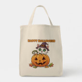 Spooky Niedlich Chibi Cat and Pumpkin Halloween Tragetasche (Rückseite)