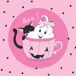 Spooky Niedlich Ghost Black Cat Pink Halloween Sti Runder Aufkleber