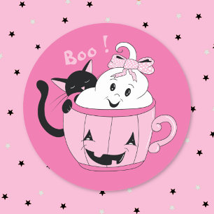 Spooky Niedlich Ghost Black Cat Pink Halloween Sti Runder Aufkleber