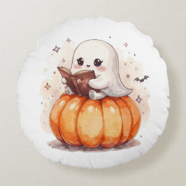 Spooky Niedlich Ghost Reading - Cosy Halloween Pum Rundes Kissen