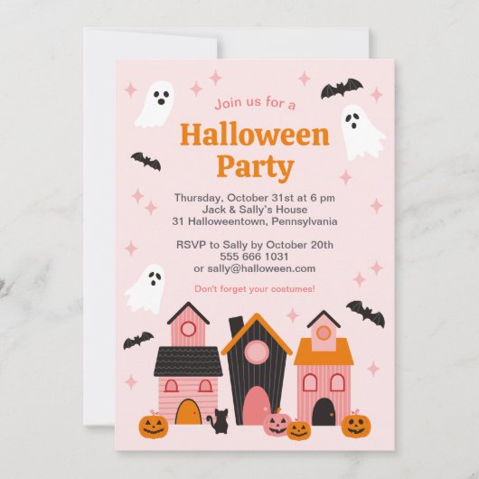 Spooky Niedlich Halloween Spuk Häuser Einladung (Vorderseite)