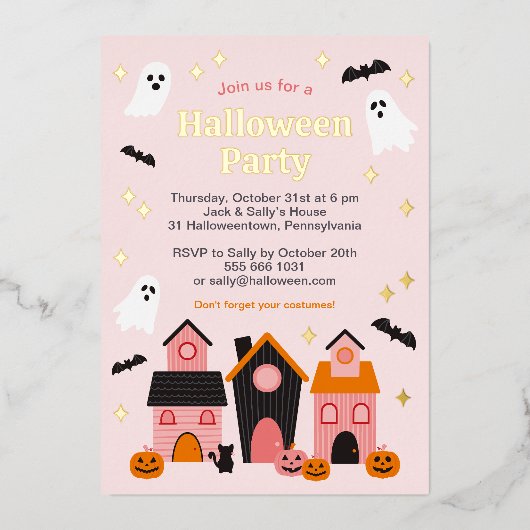 Spooky Niedlich Halloween Spuk Häuser Folieneinladung (Vorderseite)
