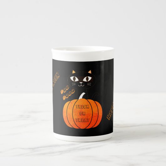 Spooky Niedlich Orange Black Cat Pumpkin Halloween Porzellantasse (Vorderseite)