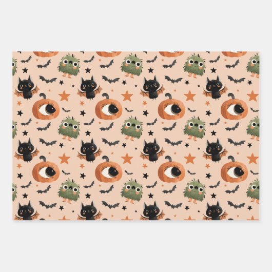 Spooky Niedlich Pumpkin Ghost Bat Pattern Hallowee Geschenkpapier Set (Vorderseite)