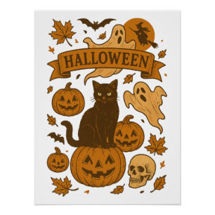 Spooky Niedlich Retro Halloween Black Cat Pumpkin Poster