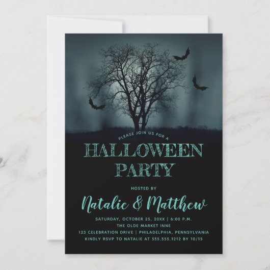 Spooky Night Tree | Halloween-Party von Fledermäus Einladung (Vorderseite)
