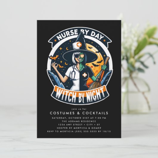 Spooky Nurse by Day Hexe by Night Halloween Einladung (Stehend Vorderseite)