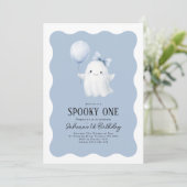 Spooky One 1. Geburtstag Ghost Blauer Ballon Einladung (Stehend Vorderseite)