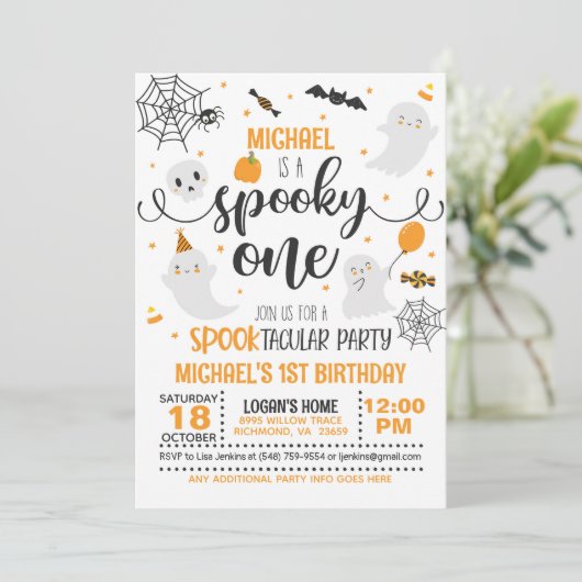 Spooky One Birthday Einladung - Blk & Orange (Stehend Vorderseite)