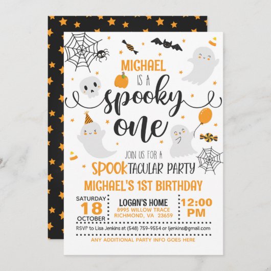Spooky One Birthday Einladung - Blk & Orange (Vorne/Hinten)