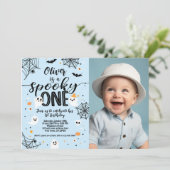 Spooky One Blue Ghost Halloween Invite with Photo Einladung (Stehend Vorderseite)