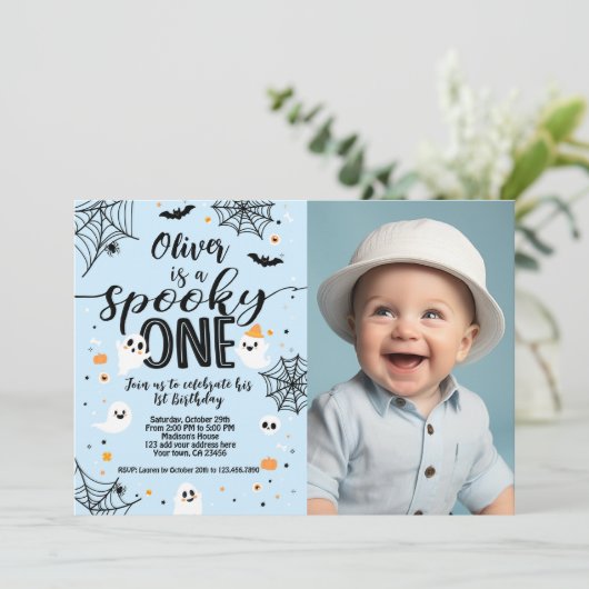 Spooky One Blue Ghost Halloween Invite with Photo Einladung (Stehend Vorderseite)