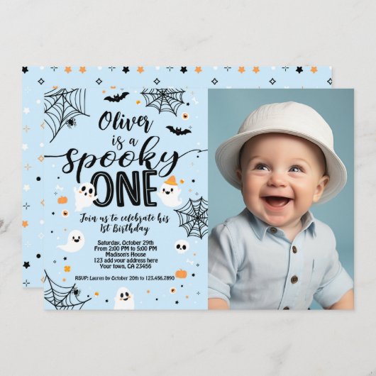 Spooky One Blue Ghost Halloween Invite with Photo Einladung (Vorne/Hinten)