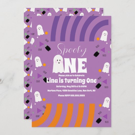 Spooky One Groovy Ghost Halloween Geburtstag Lila Einladung (Vorne/Hinten)