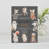 Spooky One Halloween Animals Kostüme 1. Geburtstag Einladung (Stehend Vorderseite)